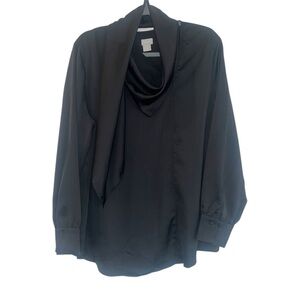 Chico’s Women’s Size 3 (XL; 16/18) Black Satin Wrap Neck Blouse Attached Scarf